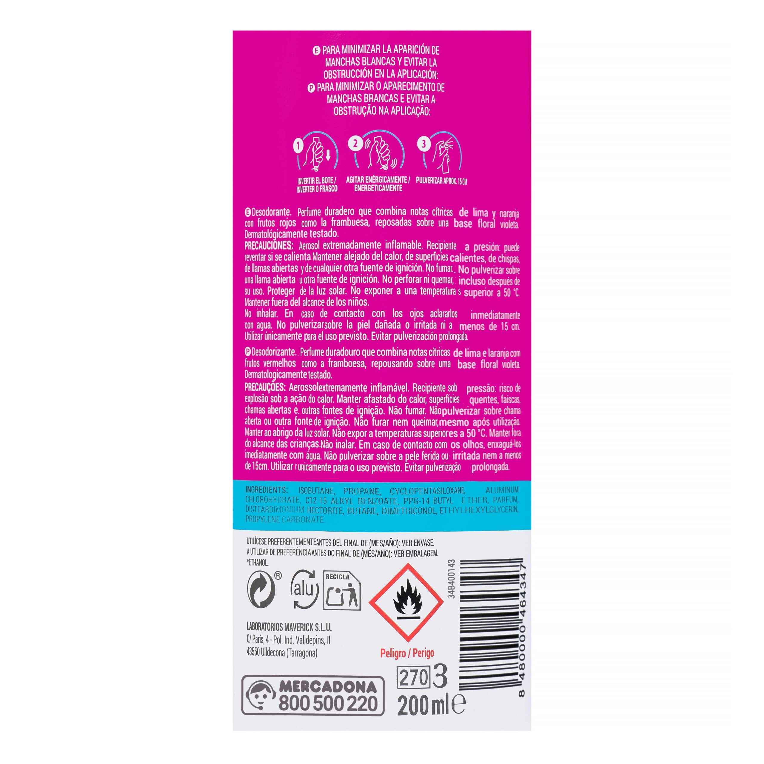 Etiqueta Desodorante perfume afrutado Deliplus antitranspirante 0% alcohol